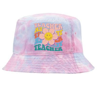 Retro Hippie Teacher Flower Smiley Emoji Tie-Dyed Bucket Hat