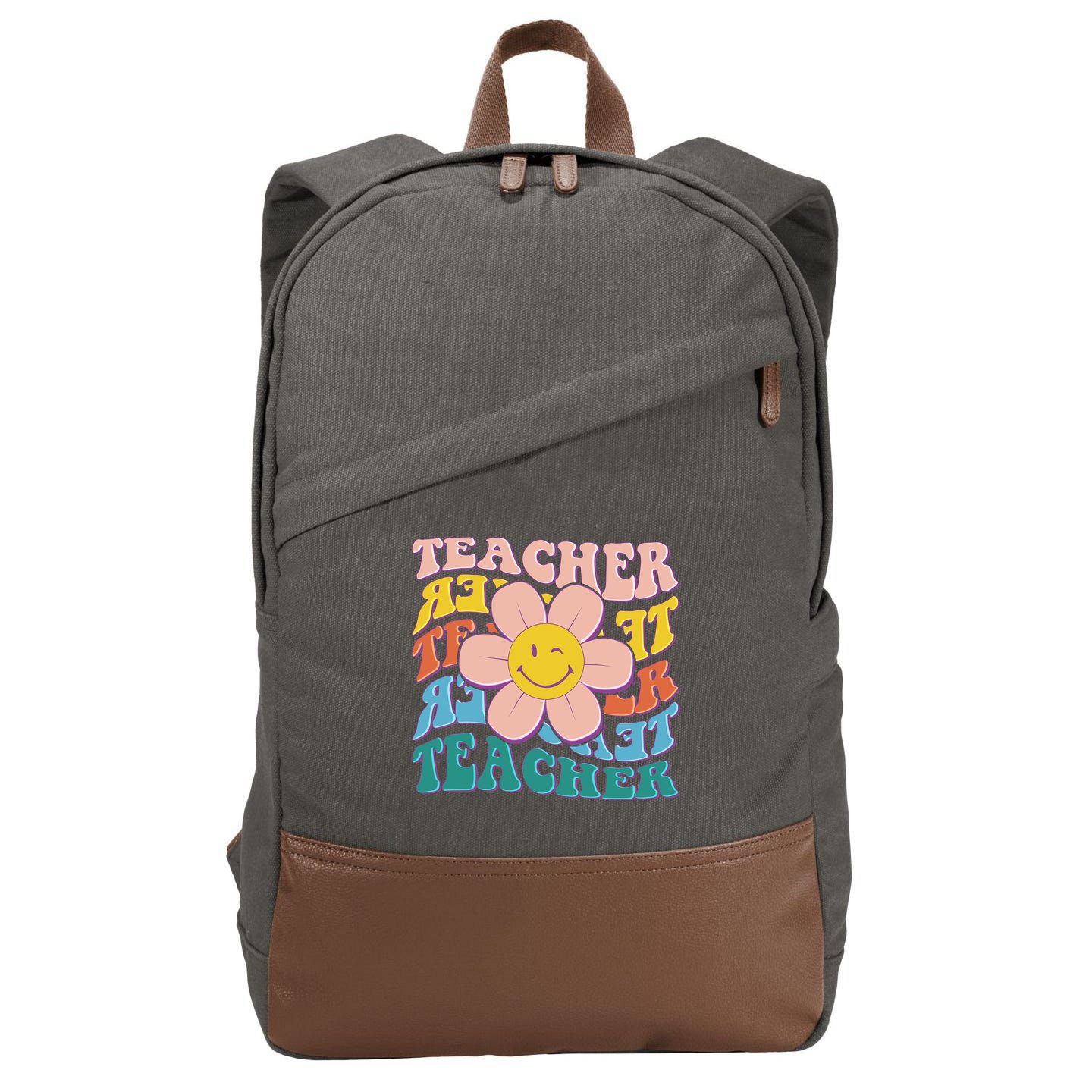 Retro Hippie Teacher Flower Smiley Emoji Cotton Canvas Backpack