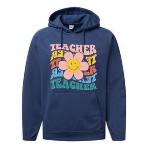 Retro Hippie Teacher Flower Smiley Emoji Performance Fleece Hoodie