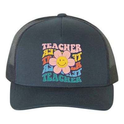 Retro Hippie Teacher Flower Smiley Emoji Yupoong Adult 5-Panel Trucker Hat