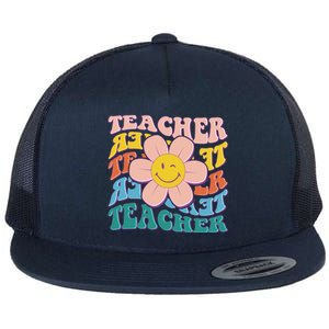 Retro Hippie Teacher Flower Smiley Emoji Flat Bill Trucker Hat