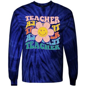 Retro Hippie Teacher Flower Smiley Emoji Tie-Dye Long Sleeve Shirt