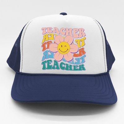 Retro Hippie Teacher Flower Smiley Emoji Trucker Hat