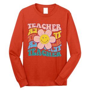 Retro Hippie Teacher Flower Smiley Emoji Long Sleeve Shirt