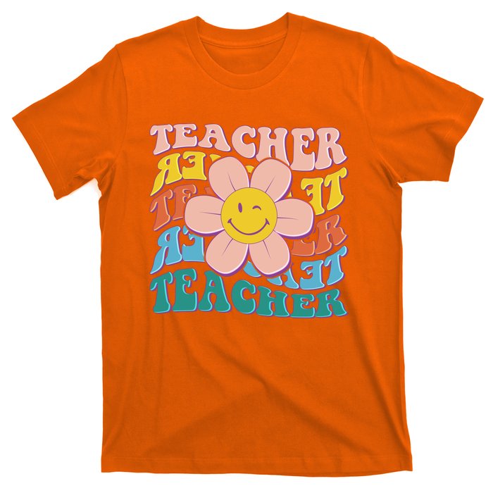 Retro Hippie Teacher Flower Smiley Emoji T-Shirt