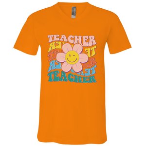 Retro Hippie Teacher Flower Smiley Emoji V-Neck T-Shirt