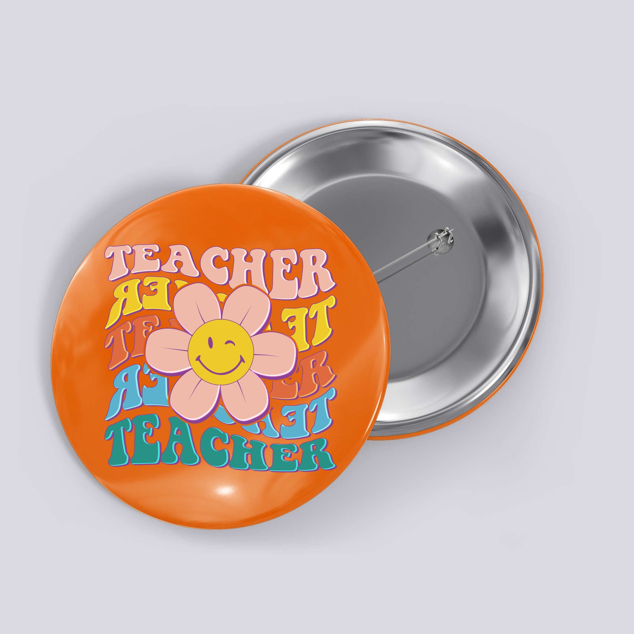 Retro Hippie Teacher Flower Smiley Emoji Button