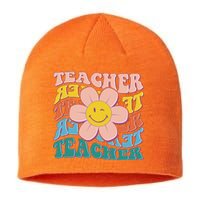 Retro Hippie Teacher Flower Smiley Emoji Sustainable Beanie