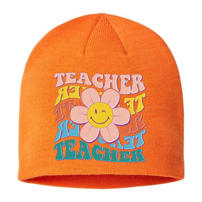 Retro Hippie Teacher Flower Smiley Emoji Sustainable Beanie