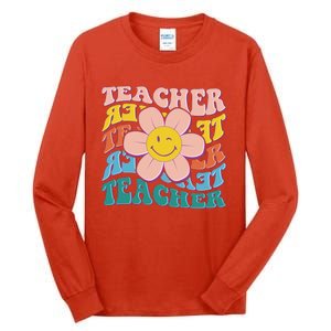 Retro Hippie Teacher Flower Smiley Emoji Tall Long Sleeve T-Shirt