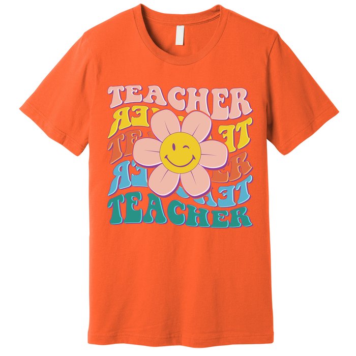 Retro Hippie Teacher Flower Smiley Emoji Premium T-Shirt