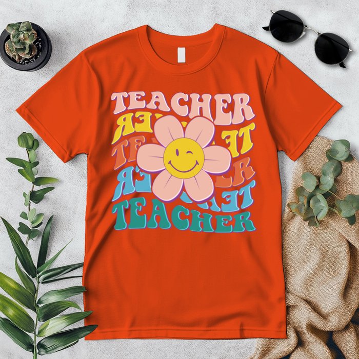Retro Hippie Teacher Flower Smiley Emoji Premium T-Shirt