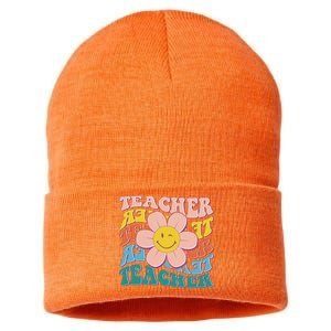 Retro Hippie Teacher Flower Smiley Emoji Sustainable Knit Beanie