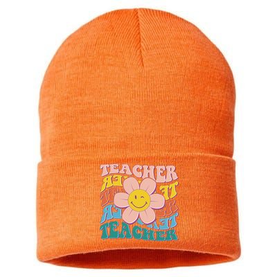 Retro Hippie Teacher Flower Smiley Emoji Sustainable Knit Beanie