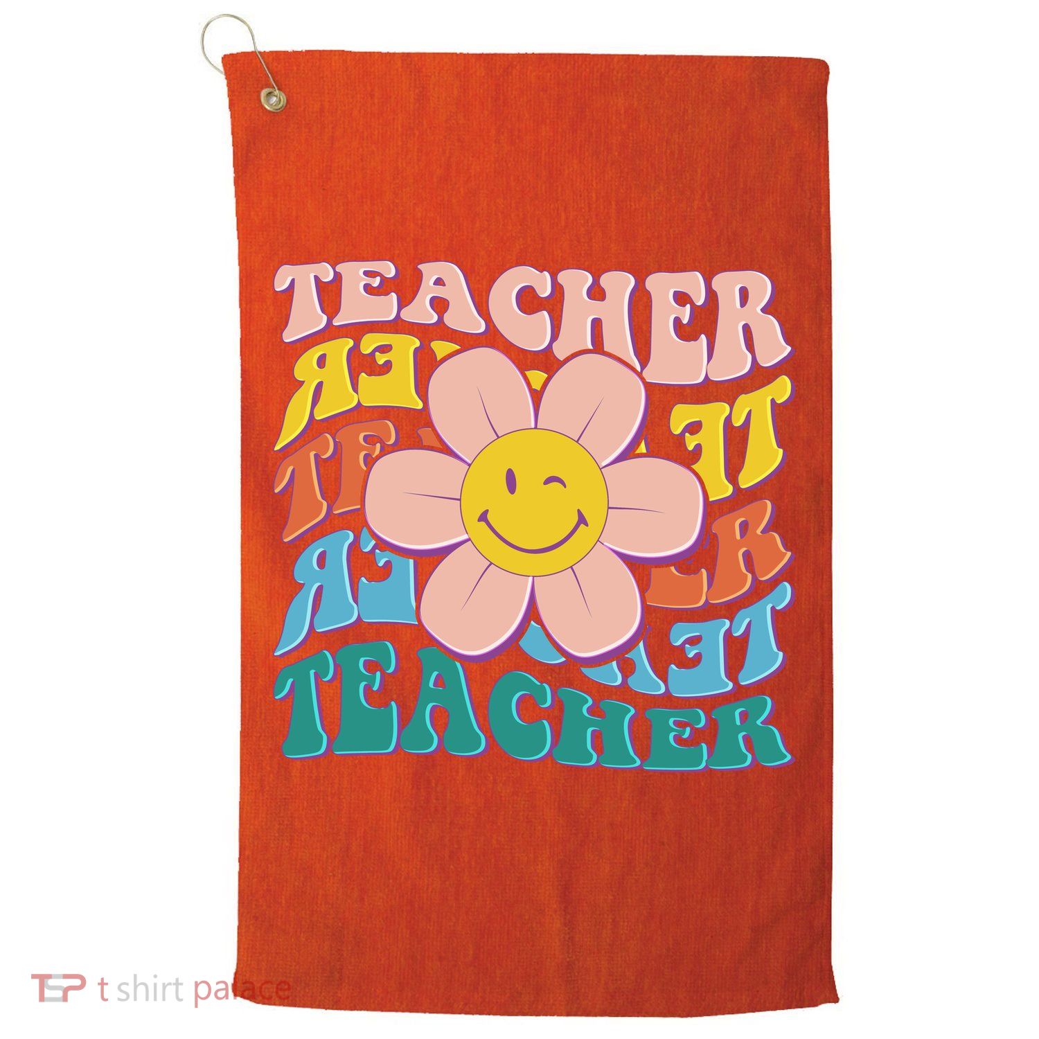 Retro Hippie Teacher Flower Smiley Emoji Golf Towel