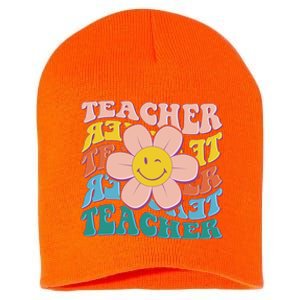 Retro Hippie Teacher Flower Smiley Emoji Short Acrylic Beanie