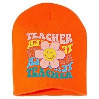 Retro Hippie Teacher Flower Smiley Emoji Short Acrylic Beanie