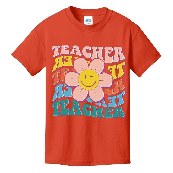 Retro Hippie Teacher Flower Smiley Emoji Kids T-Shirt