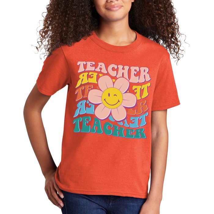 Retro Hippie Teacher Flower Smiley Emoji Kids T-Shirt