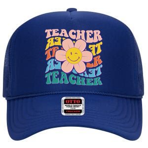 Retro Hippie Teacher Flower Smiley Emoji High Crown Mesh Back Trucker Hat