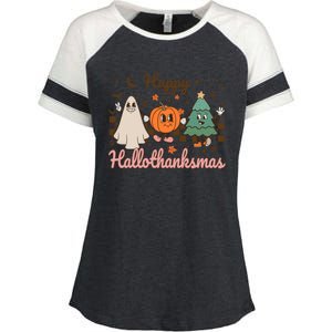 Retro Halloween Thanksgiving Christmas Happy Hallothanksmas Funny Gift Enza Ladies Jersey Colorblock Tee