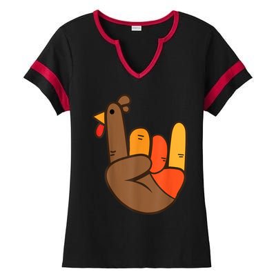 Rocker Hand Turkey Rock Funny Thanksgiving Ladies Halftime Notch Neck Tee