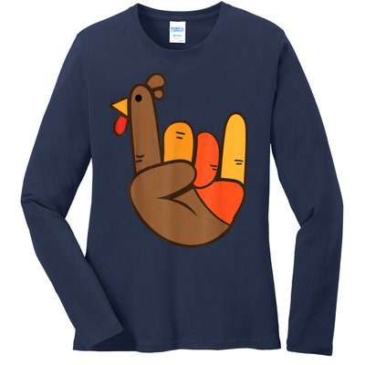 Rocker Hand Turkey Rock Funny Thanksgiving Ladies Long Sleeve Shirt