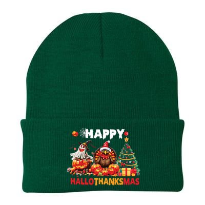 Retro Halloween Thanksgiving Christmas Happy Hallothanksmas Knit Cap Winter Beanie