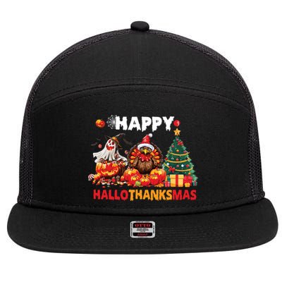 Retro Halloween Thanksgiving Christmas Happy Hallothanksmas 7 Panel Mesh Trucker Snapback Hat