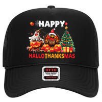 Retro Halloween Thanksgiving Christmas Happy Hallothanksmas High Crown Mesh Back Trucker Hat