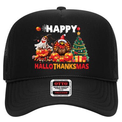 Retro Halloween Thanksgiving Christmas Happy Hallothanksmas High Crown Mesh Back Trucker Hat