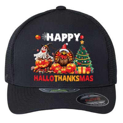 Retro Halloween Thanksgiving Christmas Happy Hallothanksmas Flexfit Unipanel Trucker Cap