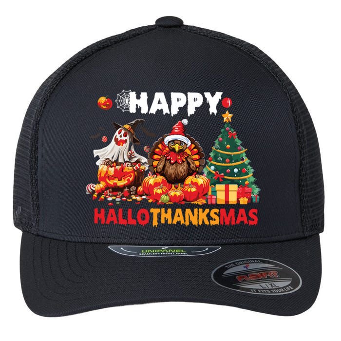 Retro Halloween Thanksgiving Christmas Happy Hallothanksmas Flexfit Unipanel Trucker Cap