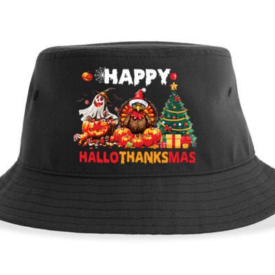 Retro Halloween Thanksgiving Christmas Happy Hallothanksmas Sustainable Bucket Hat