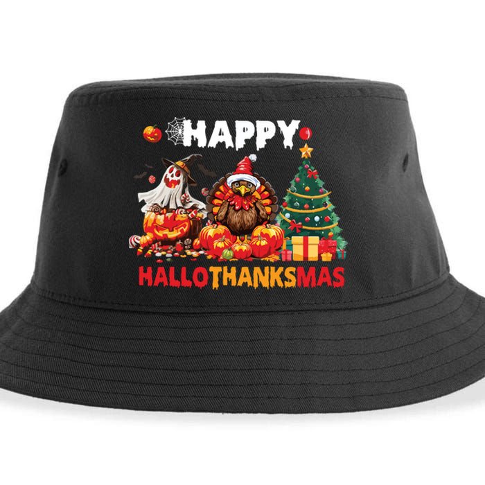 Retro Halloween Thanksgiving Christmas Happy Hallothanksmas Sustainable Bucket Hat