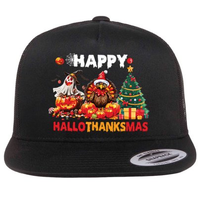 Retro Halloween Thanksgiving Christmas Happy Hallothanksmas Flat Bill Trucker Hat