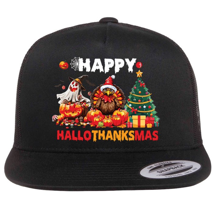 Retro Halloween Thanksgiving Christmas Happy Hallothanksmas Flat Bill Trucker Hat