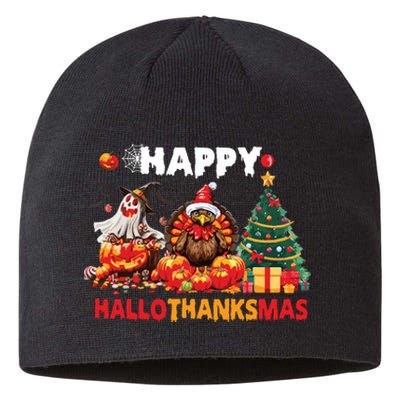 Retro Halloween Thanksgiving Christmas Happy Hallothanksmas Sustainable Beanie