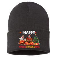 Retro Halloween Thanksgiving Christmas Happy Hallothanksmas Sustainable Knit Beanie