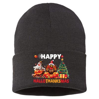 Retro Halloween Thanksgiving Christmas Happy Hallothanksmas Sustainable Knit Beanie