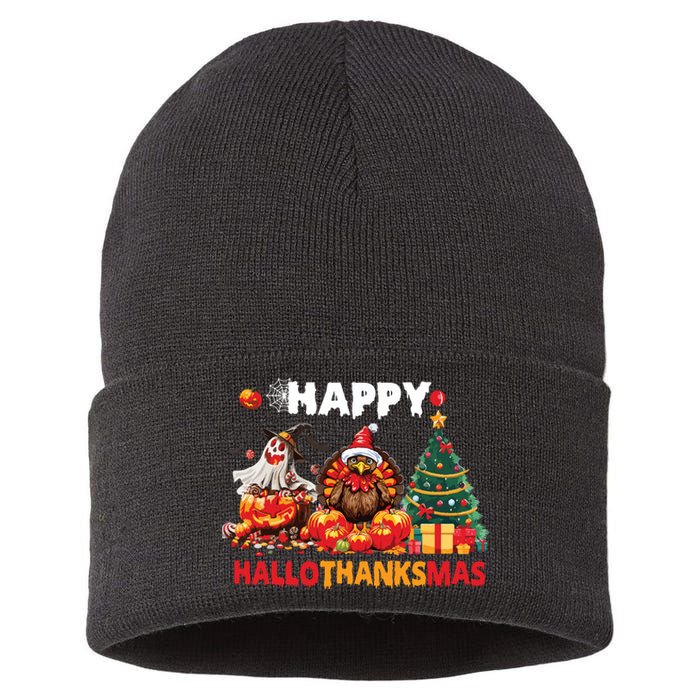 Retro Halloween Thanksgiving Christmas Happy Hallothanksmas Sustainable Knit Beanie