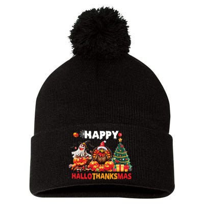 Retro Halloween Thanksgiving Christmas Happy Hallothanksmas Pom Pom 12in Knit Beanie