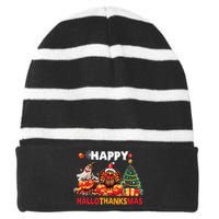 Retro Halloween Thanksgiving Christmas Happy Hallothanksmas Striped Beanie with Solid Band