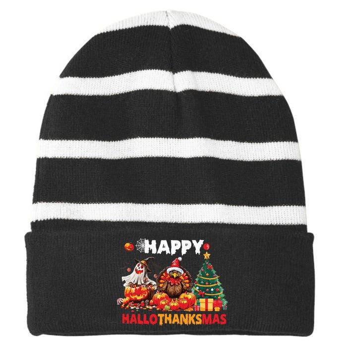 Retro Halloween Thanksgiving Christmas Happy Hallothanksmas Striped Beanie with Solid Band