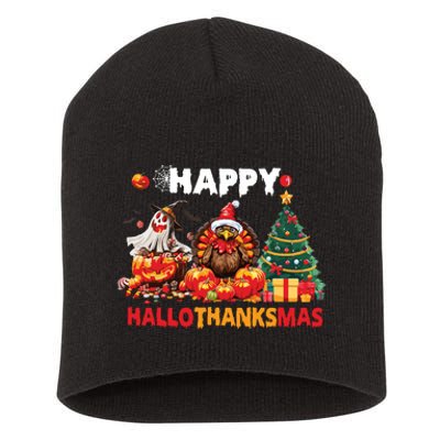 Retro Halloween Thanksgiving Christmas Happy Hallothanksmas Short Acrylic Beanie