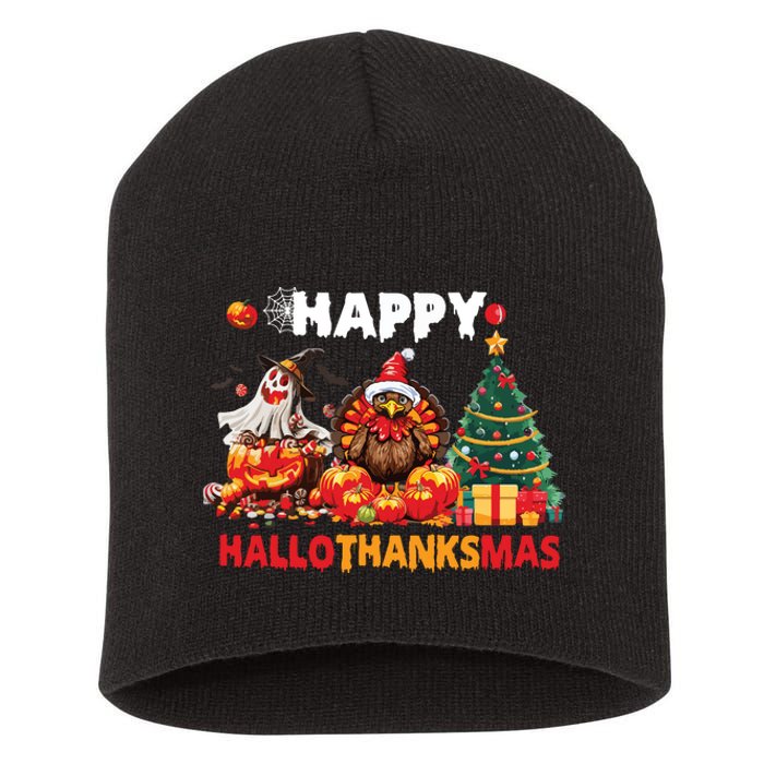 Retro Halloween Thanksgiving Christmas Happy Hallothanksmas Short Acrylic Beanie