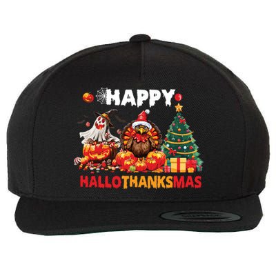 Retro Halloween Thanksgiving Christmas Happy Hallothanksmas Wool Snapback Cap