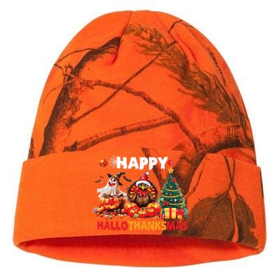 Retro Halloween Thanksgiving Christmas Happy Hallothanksmas Kati Licensed 12" Camo Beanie