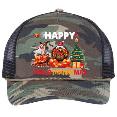 Retro Halloween Thanksgiving Christmas Happy Hallothanksmas Retro Rope Trucker Hat Cap