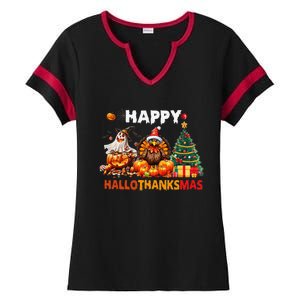 Retro Halloween Thanksgiving Christmas Happy Hallothanksmas Gift Ladies Halftime Notch Neck Tee